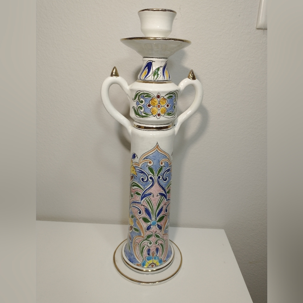 decorative ceramic candlestick holder hand-painted floral Pattern 14" Multicolor